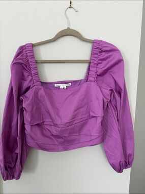 Veronica Beard Magenta Puff-Sleeve Square-Neck Crop Top